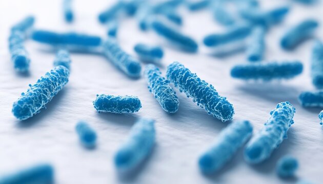 Microscopic blue bacilli on white surface