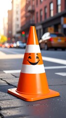 Happy traffic cone on city street