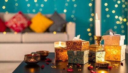 Cozy Home with Lit Candles and Gift Boxes Festive Holiday Scene