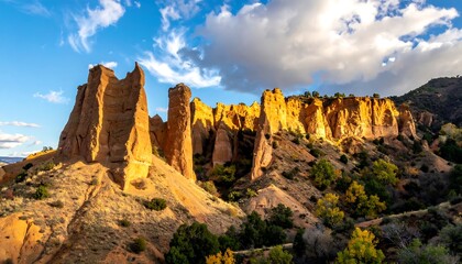 Breathtaking landscape featuring majestic rock formations bathed in golden sunlight beneath a dramatic sky with puffy clouds