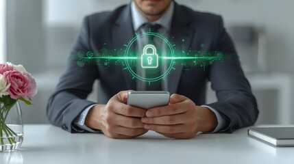 Professional actively safeguarding confidential digital information on smartphone, demonstrating advanced cybersecurity protocols and robust data protection for online privacy