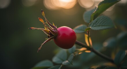 Detailed close up of a vibrant red rosehip against a softly blurred sunset backdrop showing