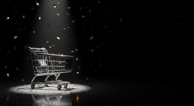 A shopping cart stands alone in a spotlight, surrounded by golden confetti, symbolizing a vibrant black friday sales event. This scene invites shoppers to take advantage of big discounts