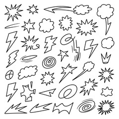 Collection of hand drawn comic book style elements explosions stars clouds arrows lightning bolts