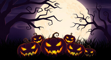 Fototapeta premium Spooky halloween pumpkins with carved faces glowing in the dark against a full moon and silhouetted trees