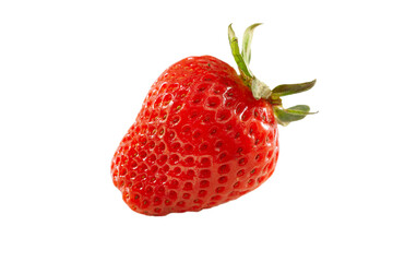 A closeup view of a strawberry, against a white background.