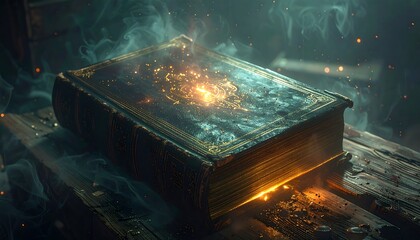 An antique, leather-bound tome glows, emitting light and ethereal smoke upon a wooden surface in a dimly lit, atmospheric room