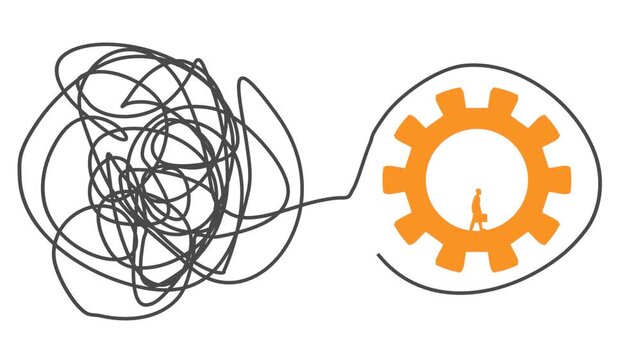 Process of solving, unleashing problems animation. From a complex problem to a simple business solution. Brainstorming video. Unraveling tangled tangle. Rotating gear with walking businessman.