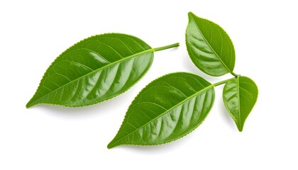 Fresh green tea leaves on white background