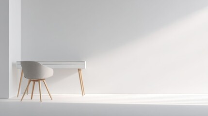 A minimalist white desk styled in modern Scandinavian fashion stands against a plain wall,
