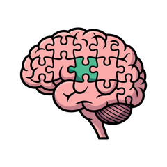 brain puzzle illustration, missing piece in place, cognitive learning concept, psychology logo idea, mental health vector