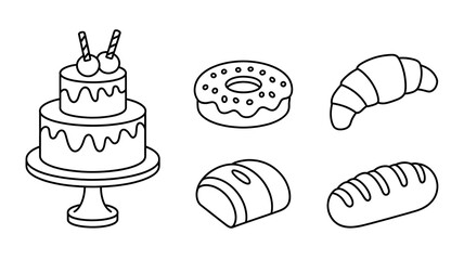 Outline drawing of cake, donut, croissant, and bread isolated on white background