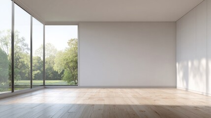 An empty room with light wooden flooring and white walls, illuminated by sunlight through large windows,