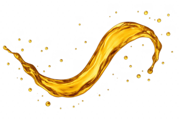 Shimmering golden oil splash with glossy highlights isolated on transparent clean background