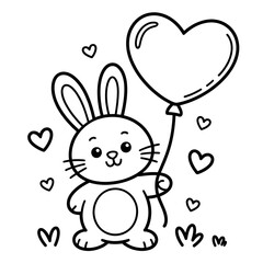 Cute Bunny with Heart Balloon Coloring Page for Kids, Love and Friendship Bunny Illustration, Printable Animal Scene