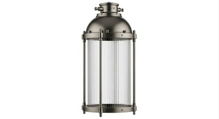 A Grand Tall Industrial Rustic Lantern of Brushed Steel and Ribbed Glass, Unlit, Sharp Focus on Engineering Details, Professional Studio Photography Isolated on a Seamless White Background.