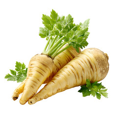 Two pale yellow-tan parsnips with fresh green leaves