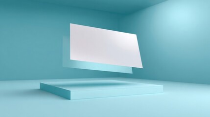 Minimalist design featuring an open space with light blue walls and flooring, a three-dimensional rectangular base,