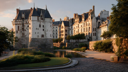 Ultra-realistic editorial photograph of a historic castle alongside a serene river at sunset in picturesque surroundings