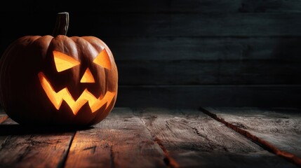 A carved pumpkin with a traditional Halloween jack-o'-lantern face glows warmly from within,