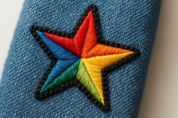 Vibrant embroidered star patch with detailed stitches and rainbow threads on fabric mockup