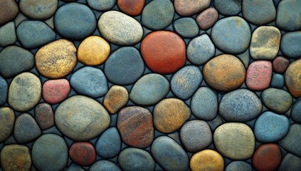 Smooth, colorful river stones tightly packed together