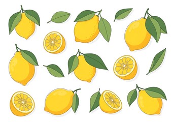 Obraz premium Vibrant yellow lemons with green leaves, arranged on a white background