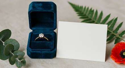 Elegant engagement ring in blue velvet box and blank card for personalized message arrangement