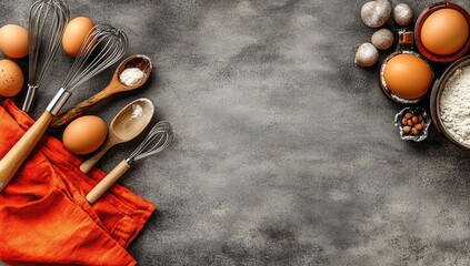Baking ingredients & tools on gray textured surface