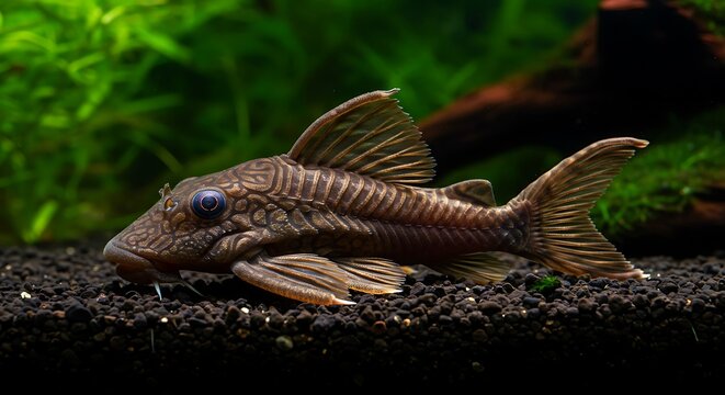 Detailed close-up of a Brown Bristlenose Pleco in an aquarium with green background showcasing