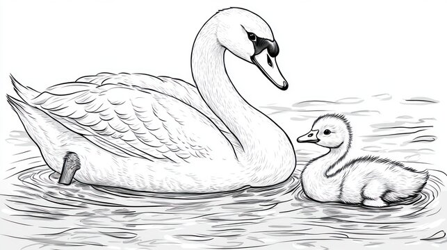 Swan and cygnet in water, drawn in grayscale with detailed shading on plumage