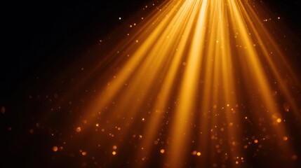 Abstract golden sunbeam streaks radiate from upper left, glowing particles enhance ethereal quality,