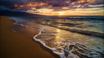 Serene beach sunset with dramatic clouds in warm orange pink purple hues distant mountain silhouettes gentle ocean waves