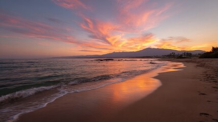 Serene beach sunset with pink and orange clouds, distant mountains, softly crashing ocean waves, wet sand,