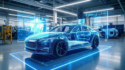 Electric car engineering blueprint overlay in automotive factory interior showing battery pack, motors, and digital data display screens. - Powered by Adobe