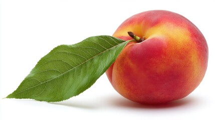 A ripe peach with vivid yellow and red skin, featuring a single green leaf on the stem,