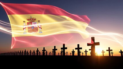 The national flag of Spain floating over a cemetery in remembrance of fallen heroes at dusk - Powered by Adobe