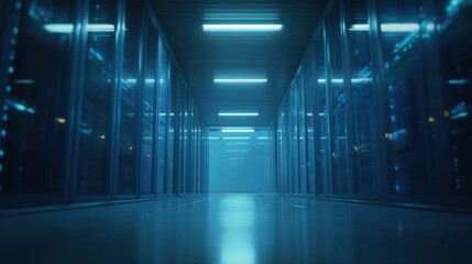 A modern data center hallway with rows of server racks enclosed in transparent glass, illuminated by cool blue lighting,