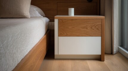 A minimalist bedroom scene with a neatly made white bed, clean lines,