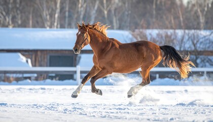 A majestic brown horse galloping through a snowy field, with trees and a barn in the background