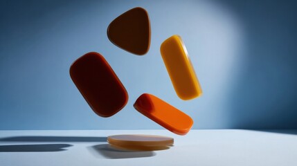 Five colorful chewing gum sticks float mid air against a gradient blue backdrop with geometric shapes and vibrant hues i
