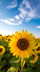 Fototapeta premium Vibrant sunflower in a field, under a partly cloudy sky
