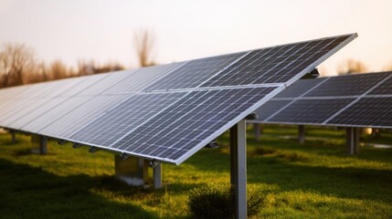 A vast solar panel farm under clear blue skies, renewable energy source with modern technology,