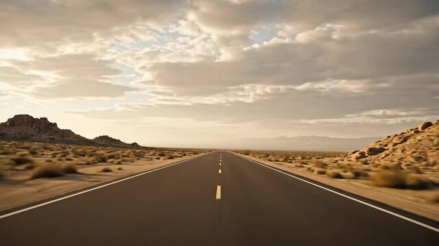Tracking shot following an empty, winding desert road stretching into the remote, hazy distance under a wide, dramatic sky untouched, peaceful, vast