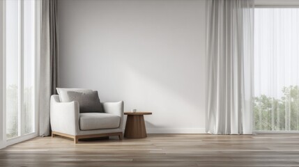 A cozy minimalist living room corner with abundant natural light from a large window,