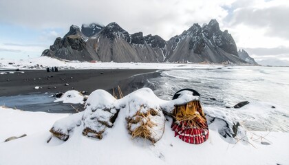 Snowy foreground with beach, mountains and partially obscured sky