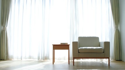 Elegant minimalist interior with natural light, sheer curtains, neutral armchair, wooden end table, large window,
