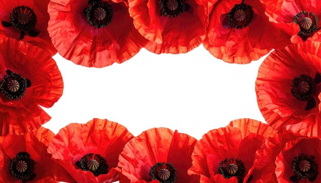 Vivid red flowers, arranged in a frame, showcasing a blank white center