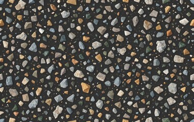 Colorful Pebble Stone Texture on Black Surface, Decorative Terrazzo Pattern Background for Flooring, Countertops, Wall Design, and Modern Architectural Surfaces