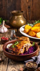 Roasted duck with roasted potatoes and red cabbage